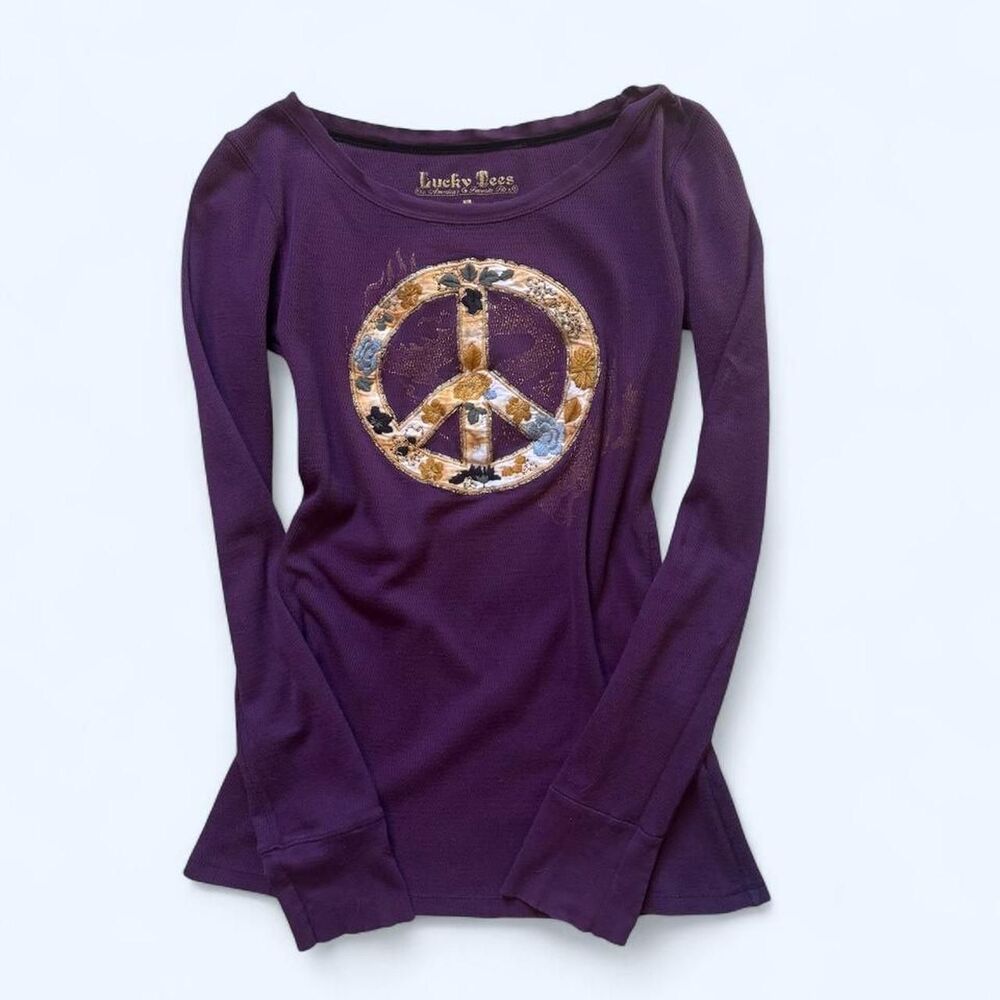 Lucky Tees Women's Purple Long Sleeve Thermal with Embroidered Peace Sign